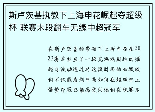 斯卢茨基执教下上海申花崛起夺超级杯 联赛末段翻车无缘中超冠军