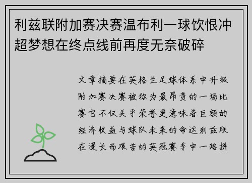 利兹联附加赛决赛温布利一球饮恨冲超梦想在终点线前再度无奈破碎 利兹联附加赛决赛温布利一球饮恨冲超梦想在终点线前再度无奈破碎